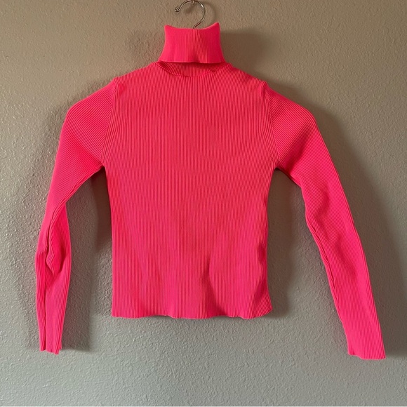 Zara Neon Pink Bold Ribbed Turtleneck Stretch Long Sleeve Top Women's Size Small - Picture 3 of 6